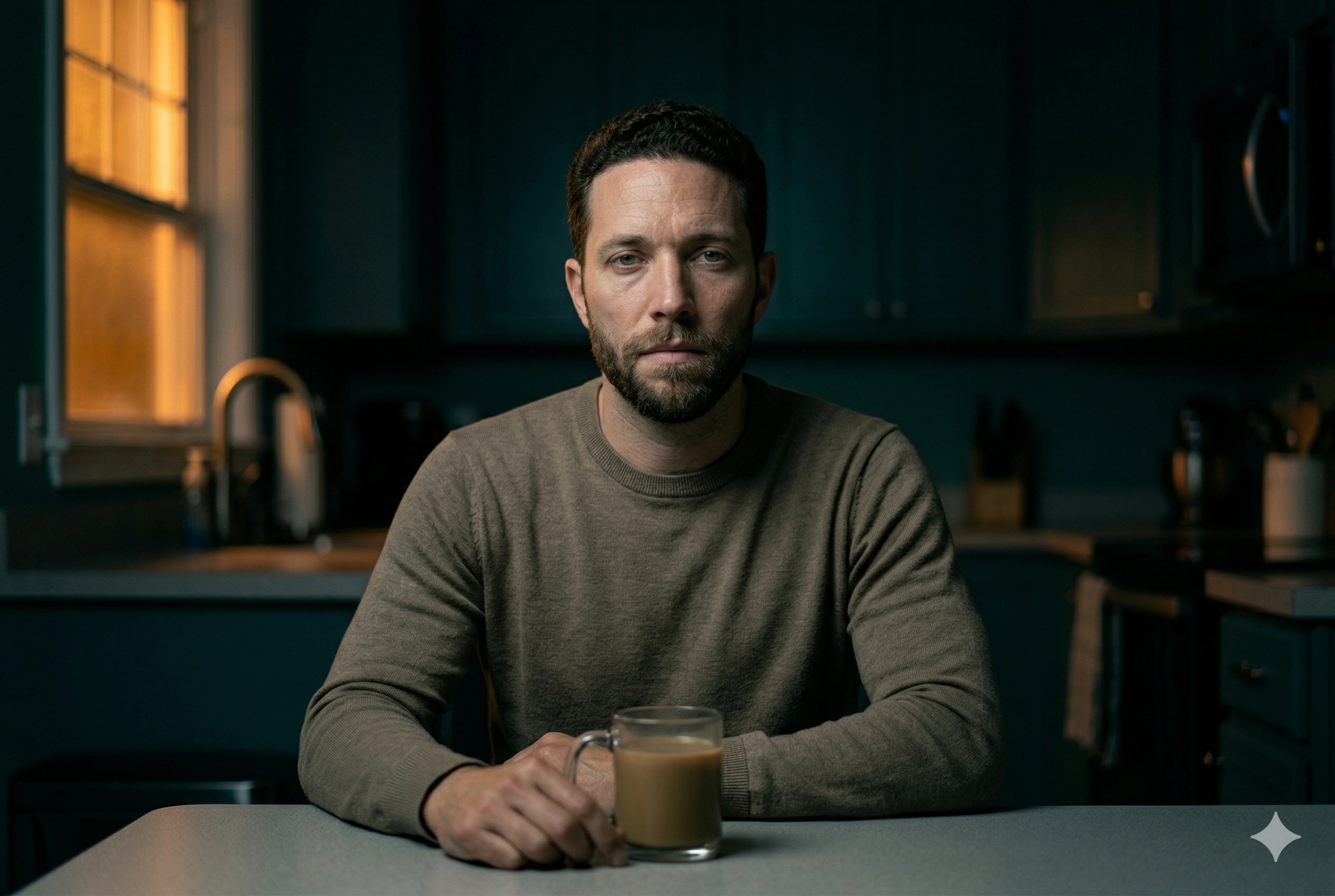 Jordan — a person with a neutral but tense expression, processing emotion