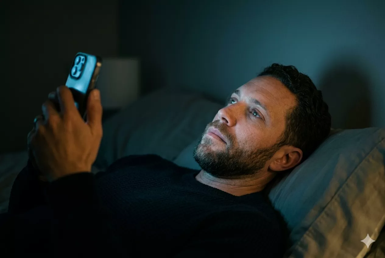 Person staring at the ceiling in the dark — replaying an argument in their mind