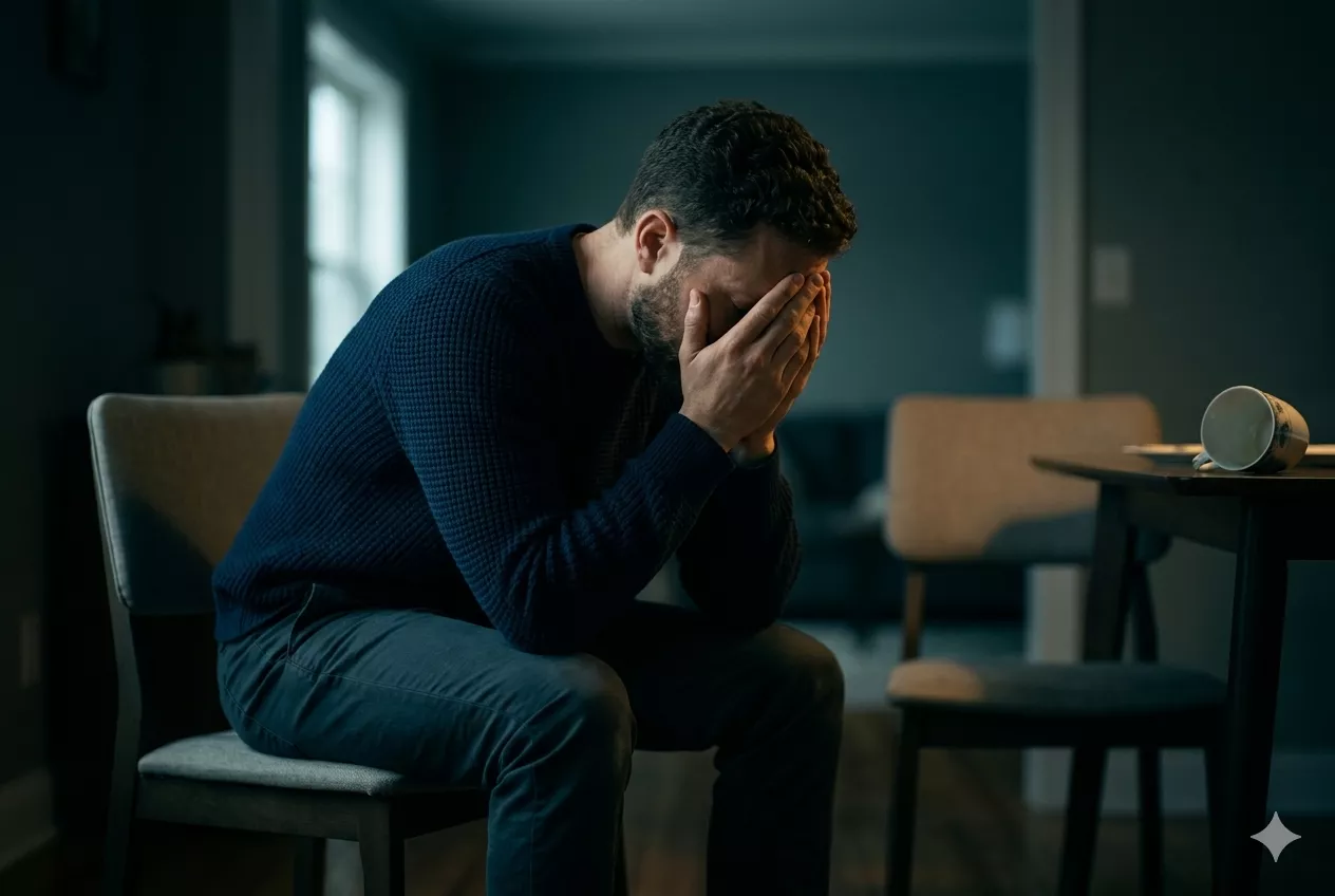 The aftermath — a quiet room after a conflict, overturned cup, tense stillness