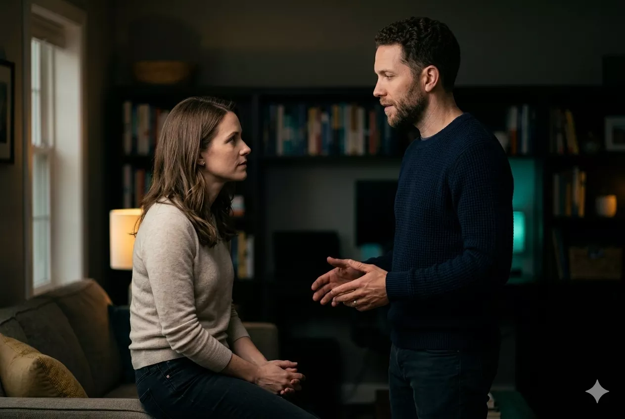 Two people in a calm moment — one reaching toward the other in genuine apology