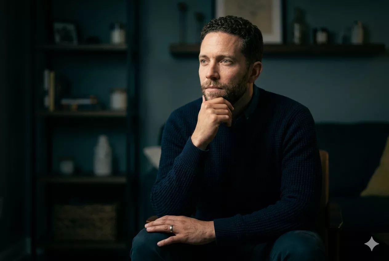 Person sitting calmly, visibly in reflective thought — reappraising