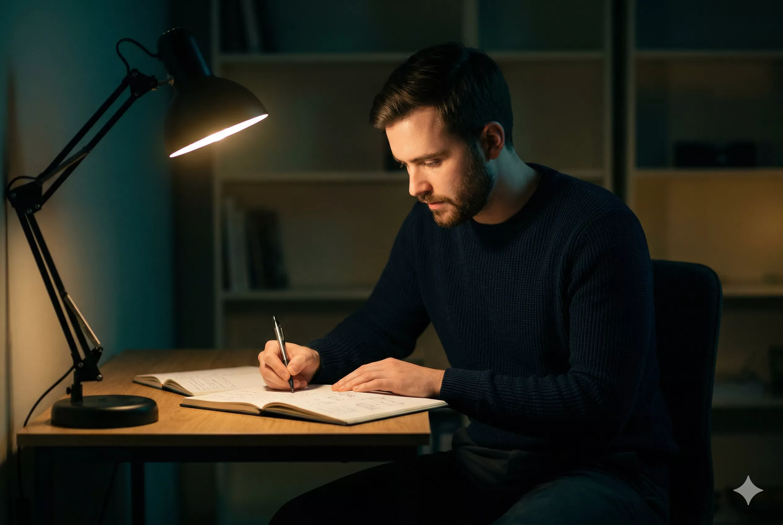 Person writing in a journal — cognitive work, processing on paper
