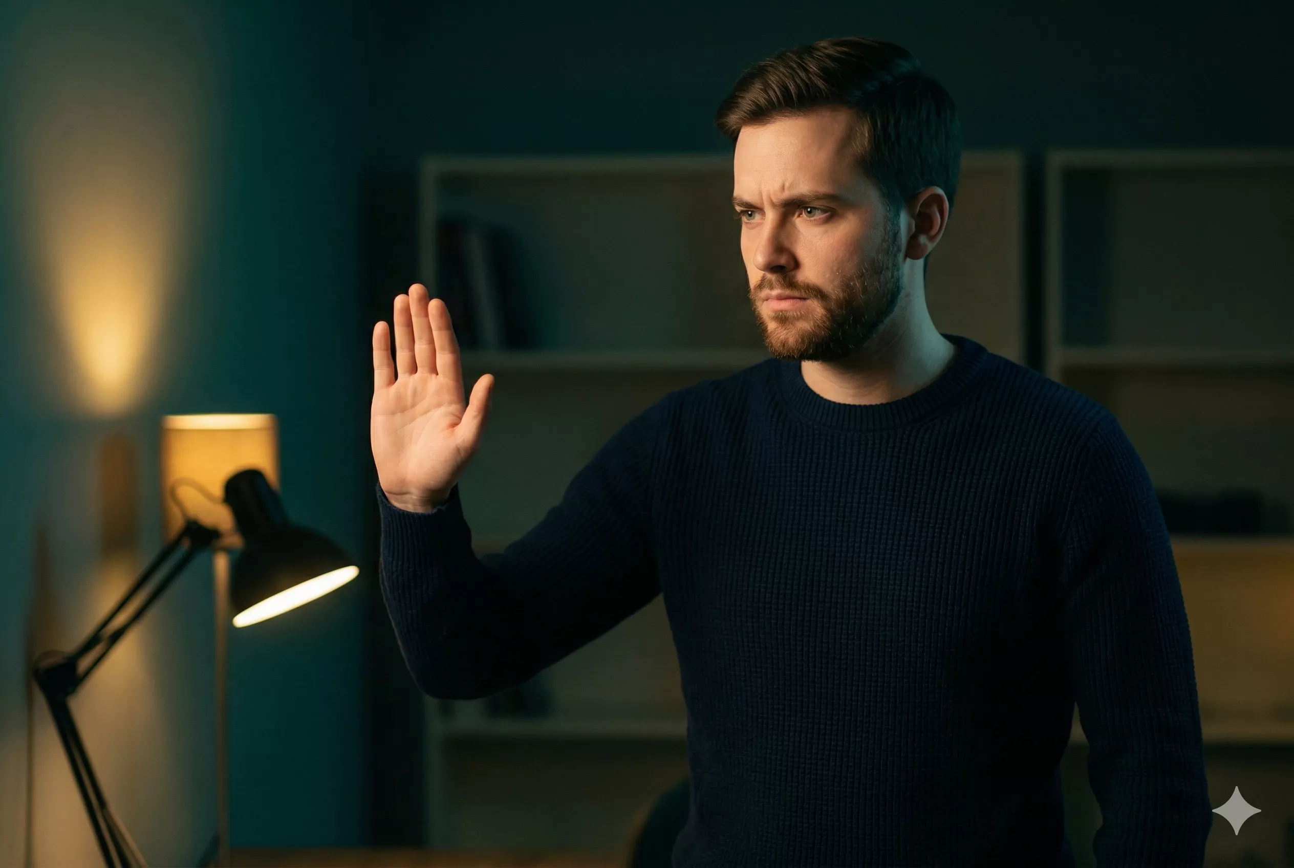 A person raising one hand palm-outward — a deliberate stop gesture in a moment of anger