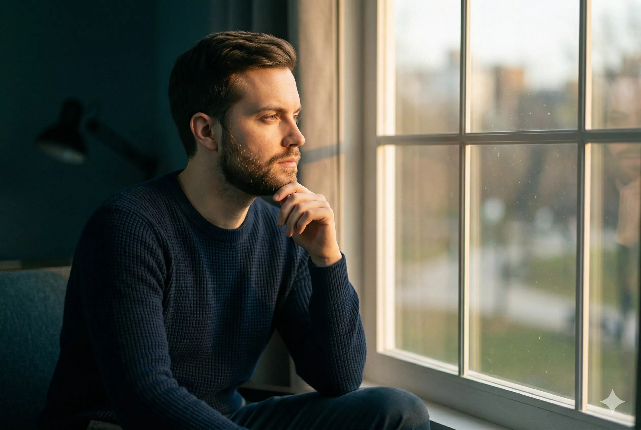 A person seated at a window, looking outward with a calm, thoughtful expression — reappraising a situation