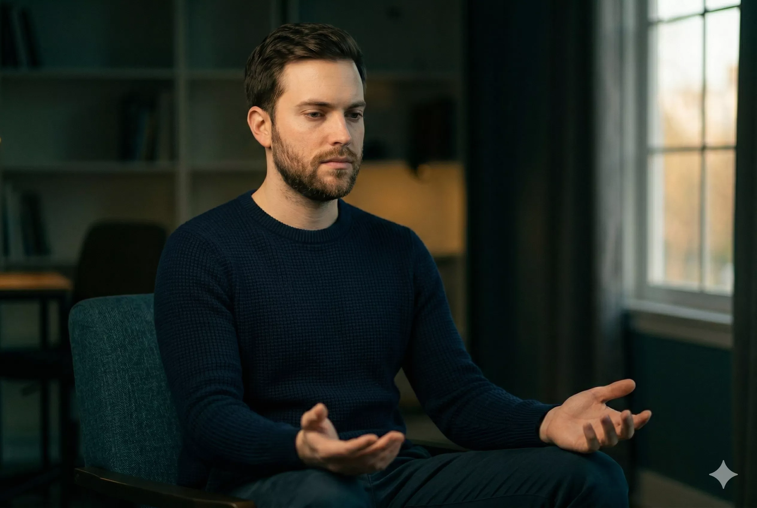 A person seated calmly with hands resting open in their lap — at peace with their emotional experience