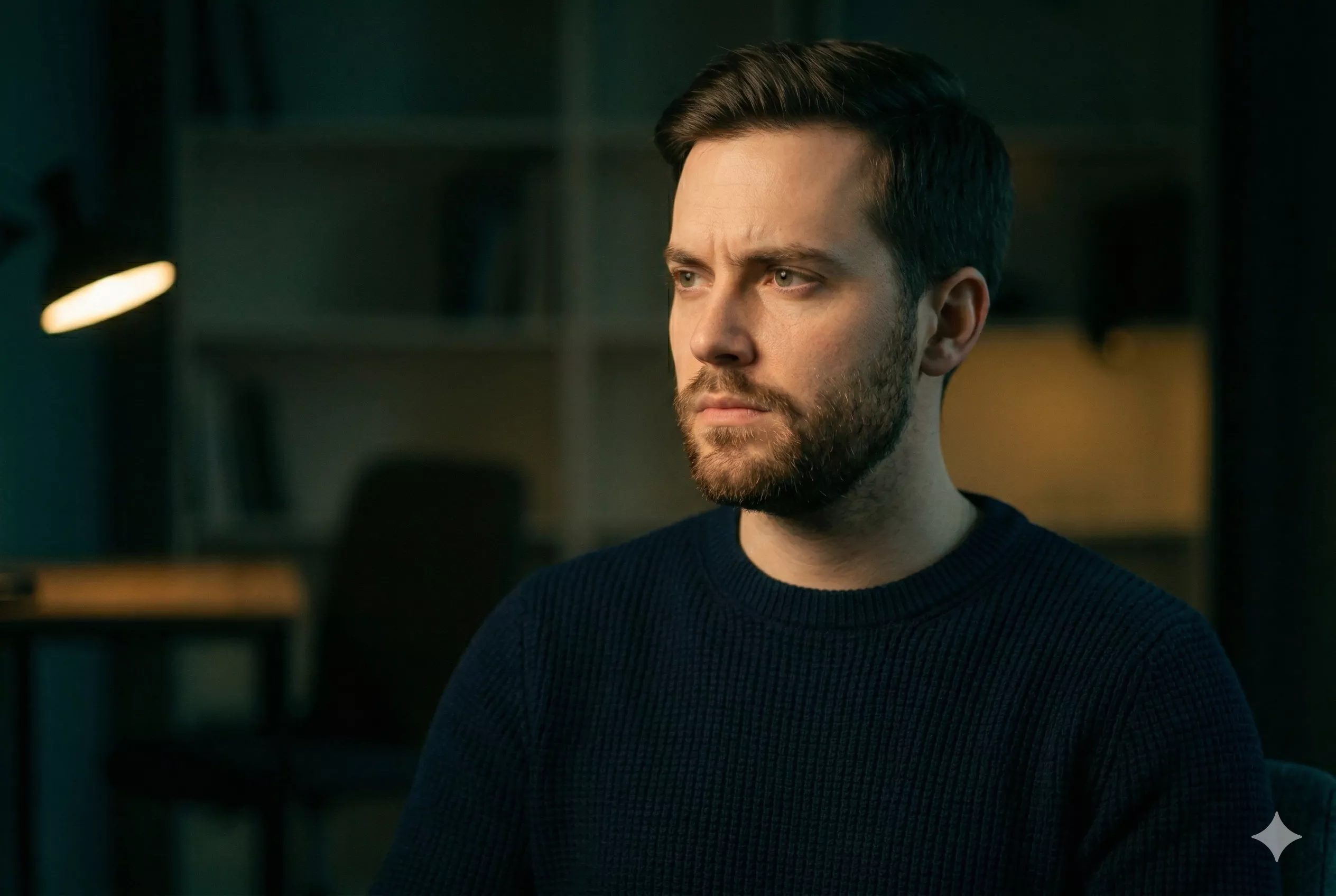 A person with a thoughtful, slightly furrowed expression — identifying and naming an emotion in the moment