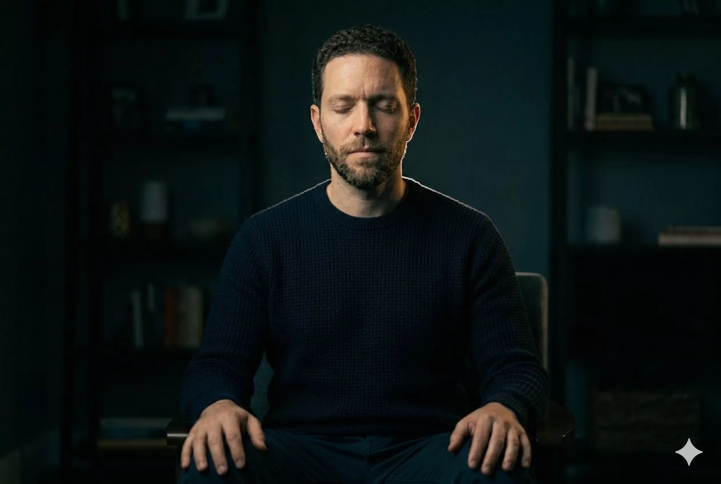 A person seated with closed eyes, hands resting on knees — practising mindful stillness and observation