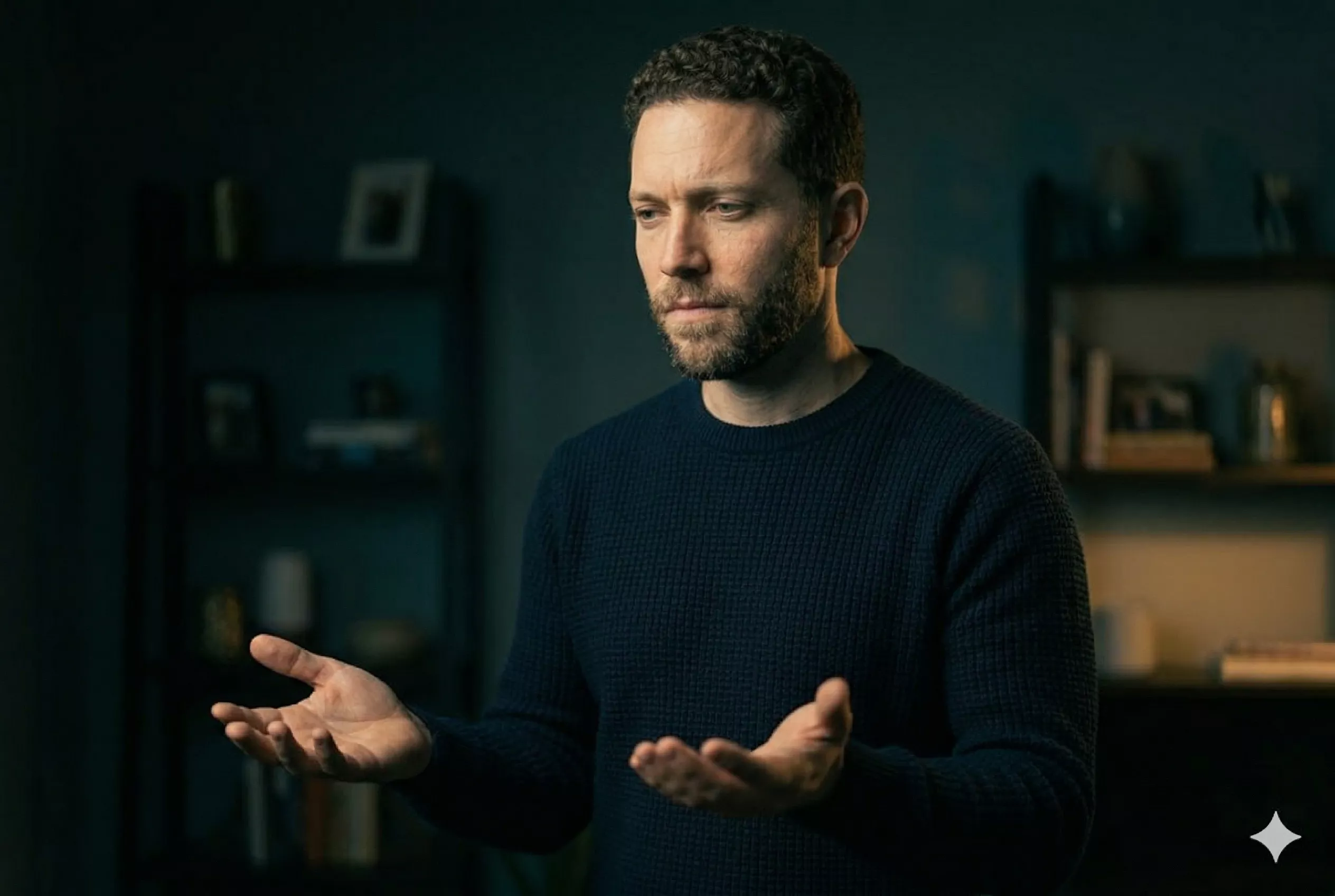 A person with both hands held open at waist height, palms up — releasing the urge rather than acting on it