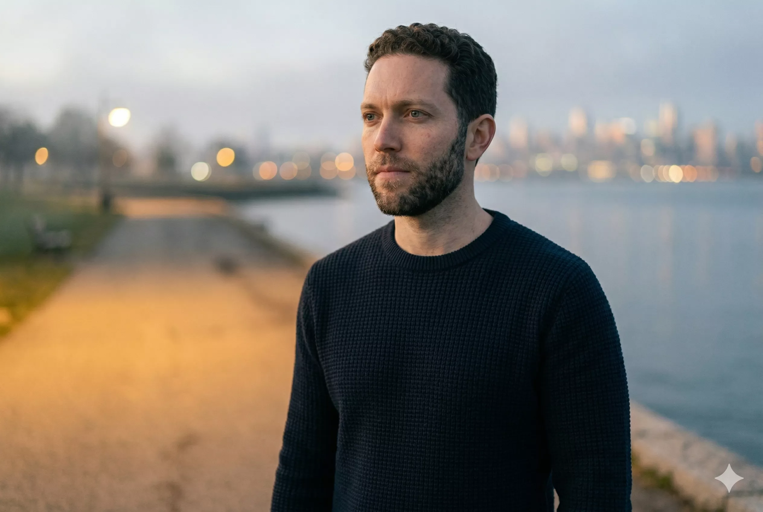 A person standing outdoors at dawn, looking toward a horizon — oriented by values rather than impulse