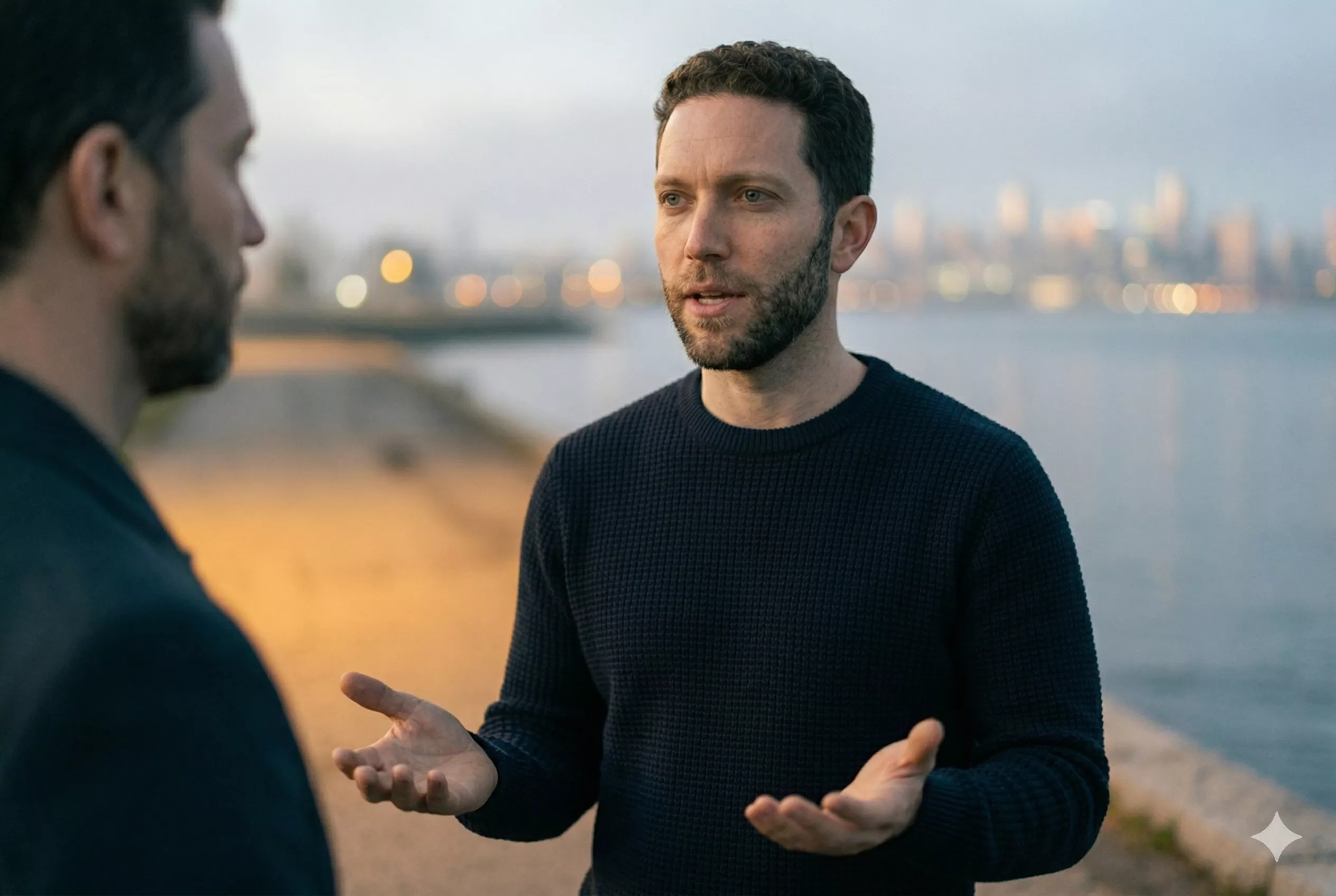 Two adults in calm conversation — assertive, direct, respectful exchange