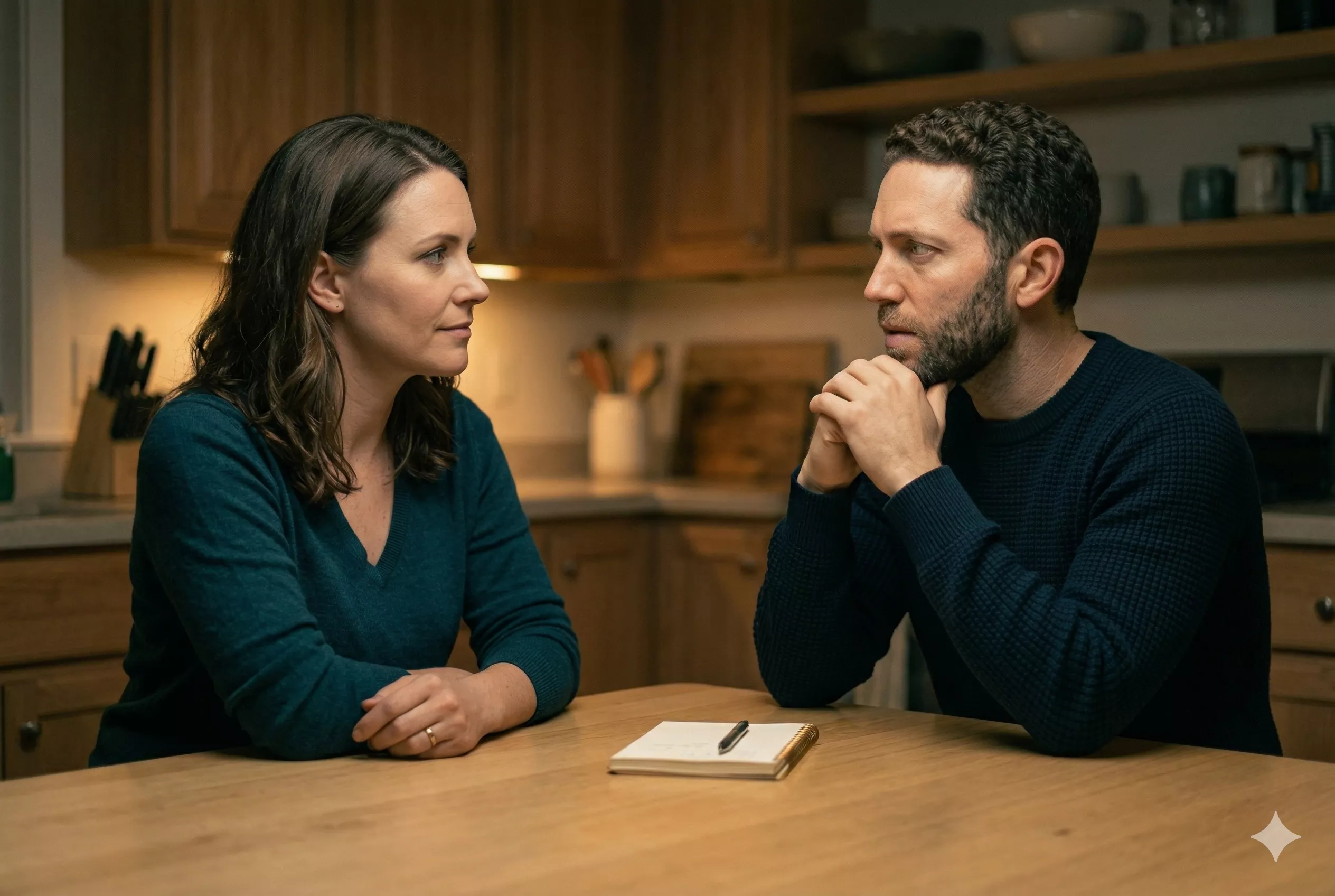 Two adults seated across from each other in structured, calm conversation — working through a conflict