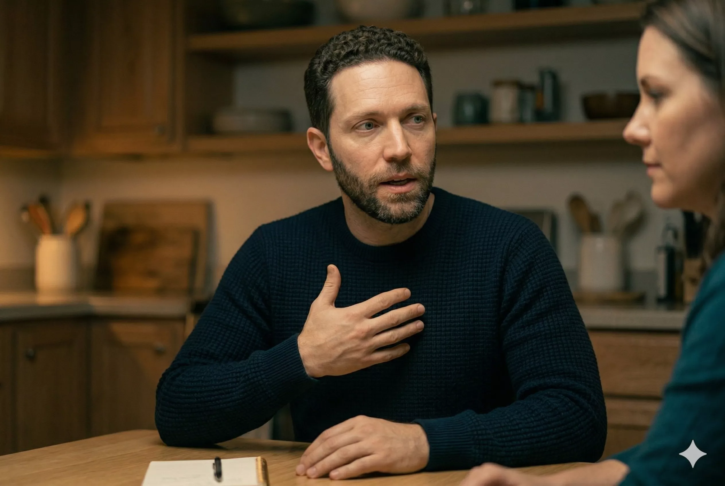 A person leaning slightly forward with an attentive, open expression — fully present to what the other person is saying