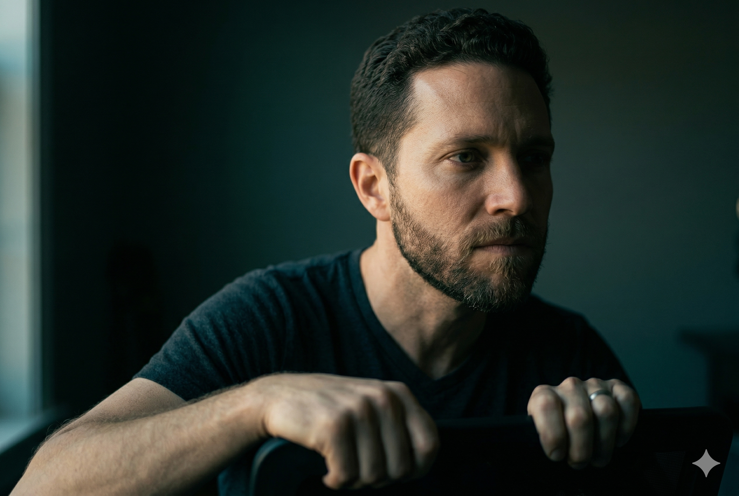 Close-up: clenched jaw, tense neck, raised shoulders — early warning signs