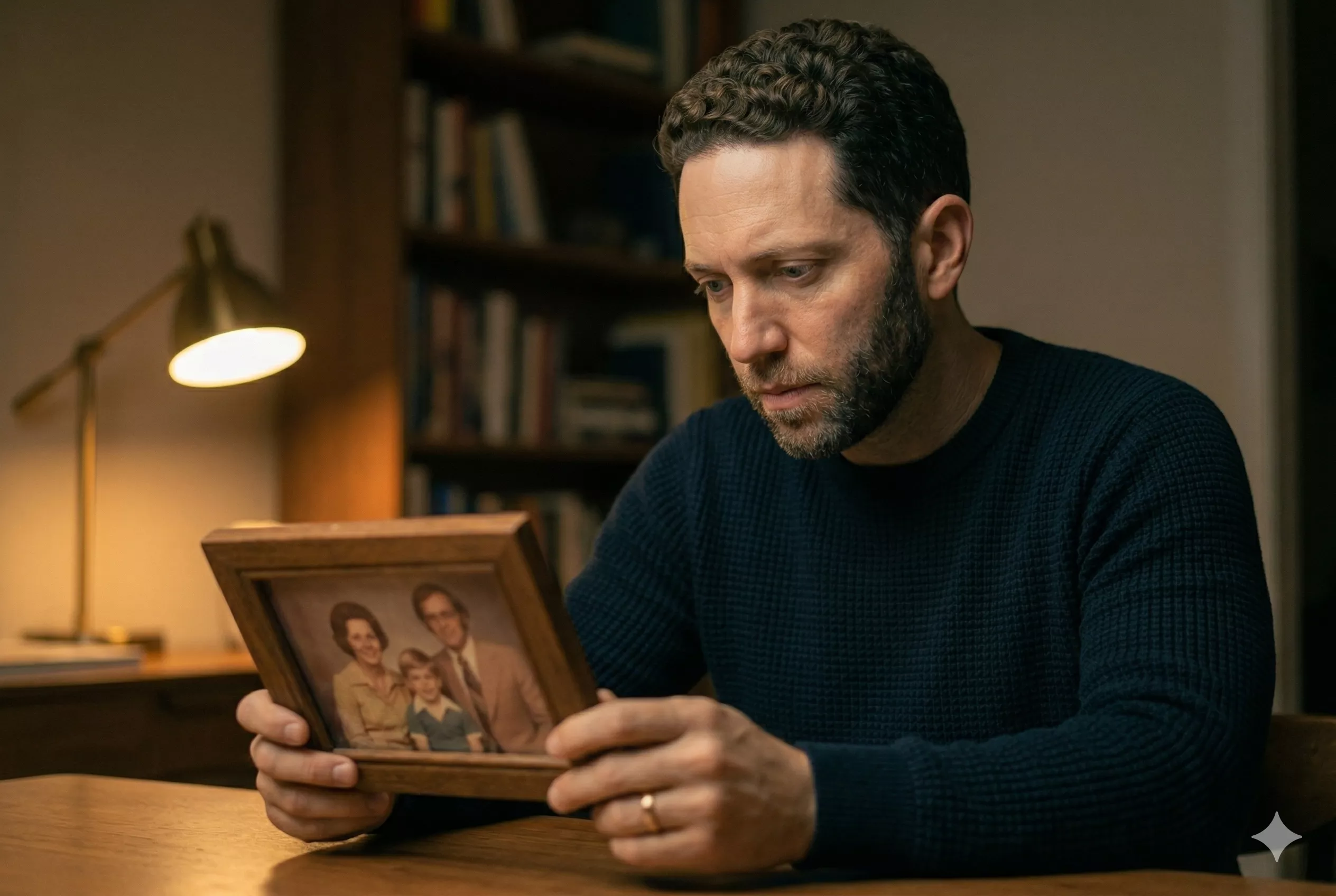 An adult looking at a family photograph — reflecting on learned anger patterns across generations