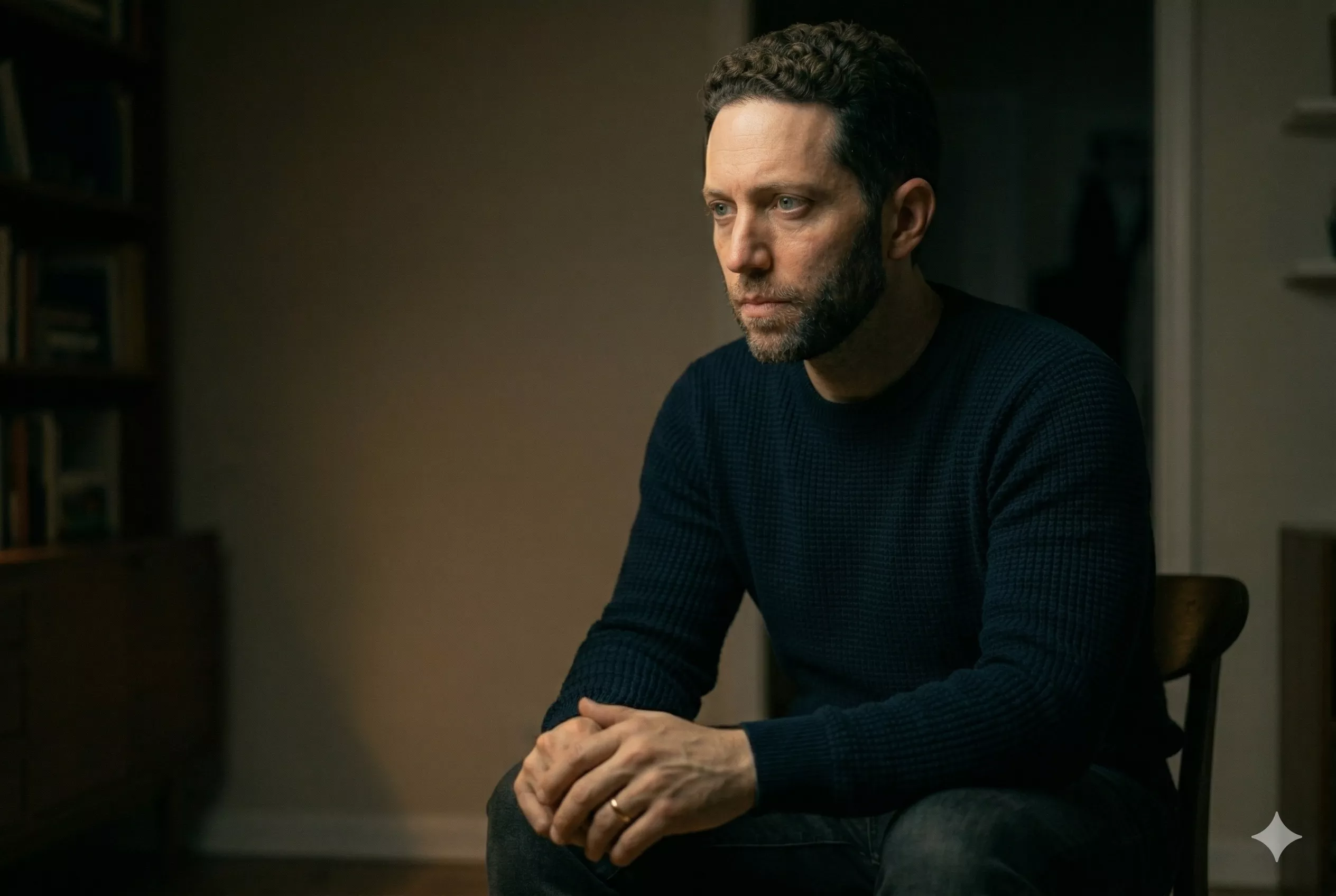 A person with a somber, inward expression — acknowledging something heavy from the past that still shapes the present