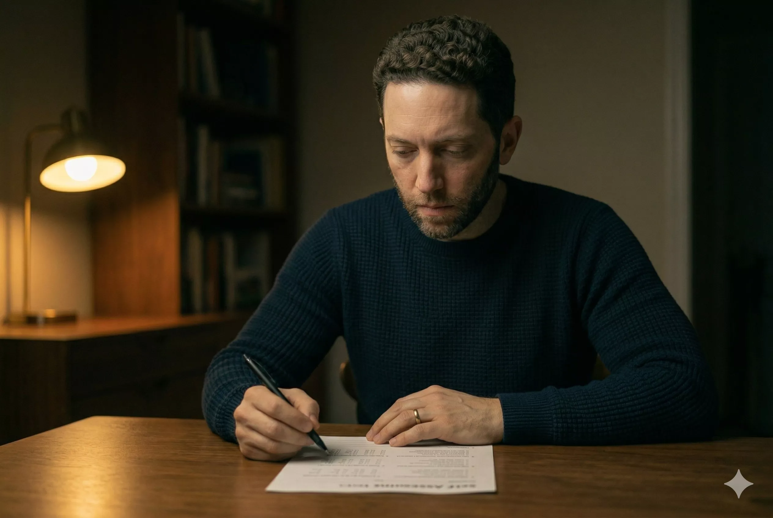 A person seated at a desk completing a reflective questionnaire — calm, honest self-assessment