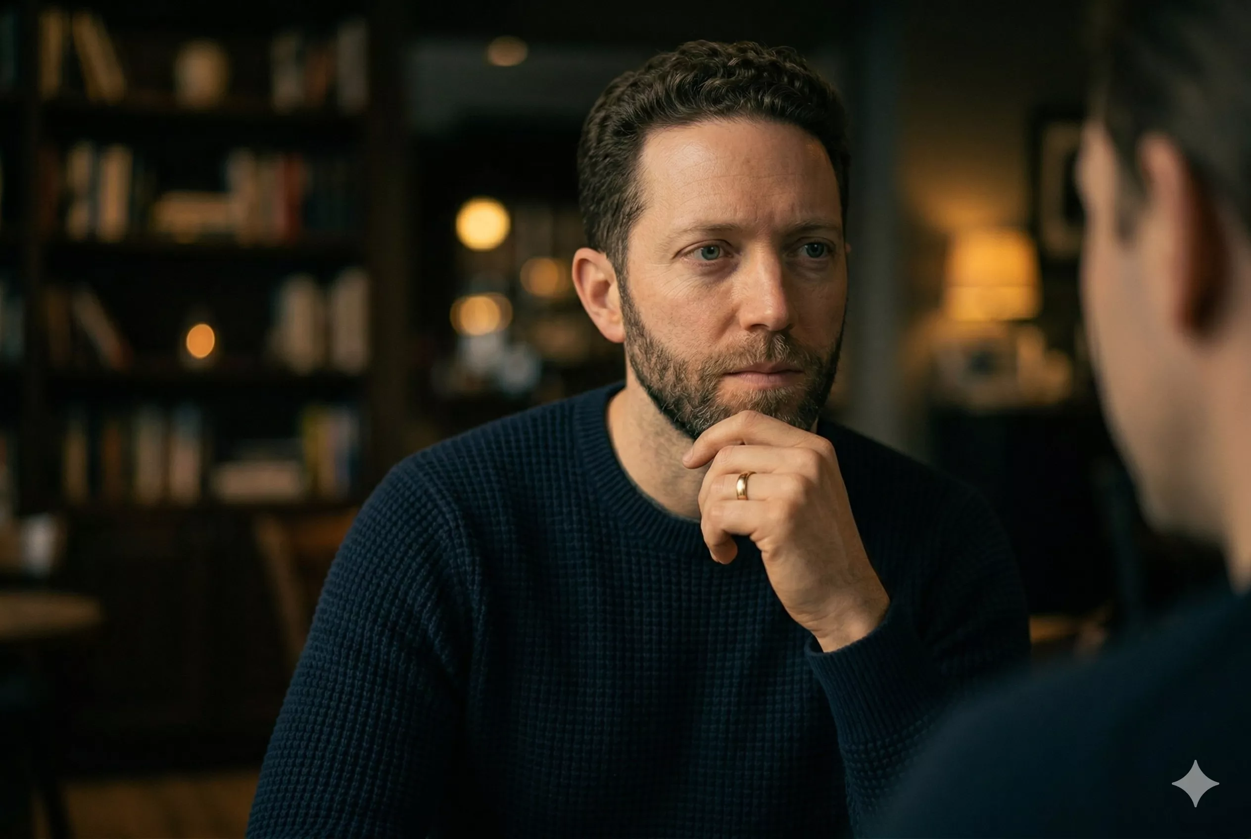 A person in a calm, controlled practice setting — rehearsing a response to a mild trigger scenario