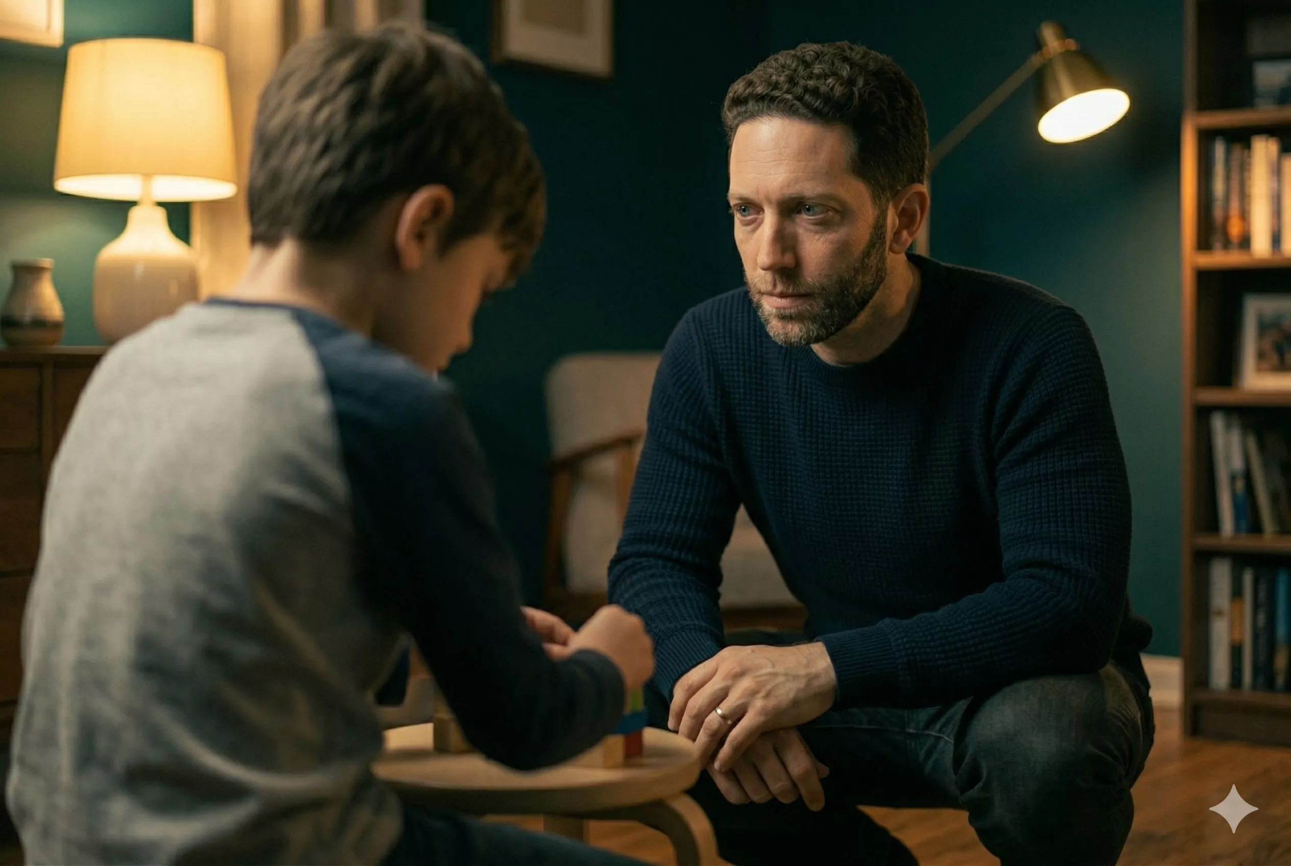 A parent kneeling to a child's level — calm, present, repairing after a hard moment