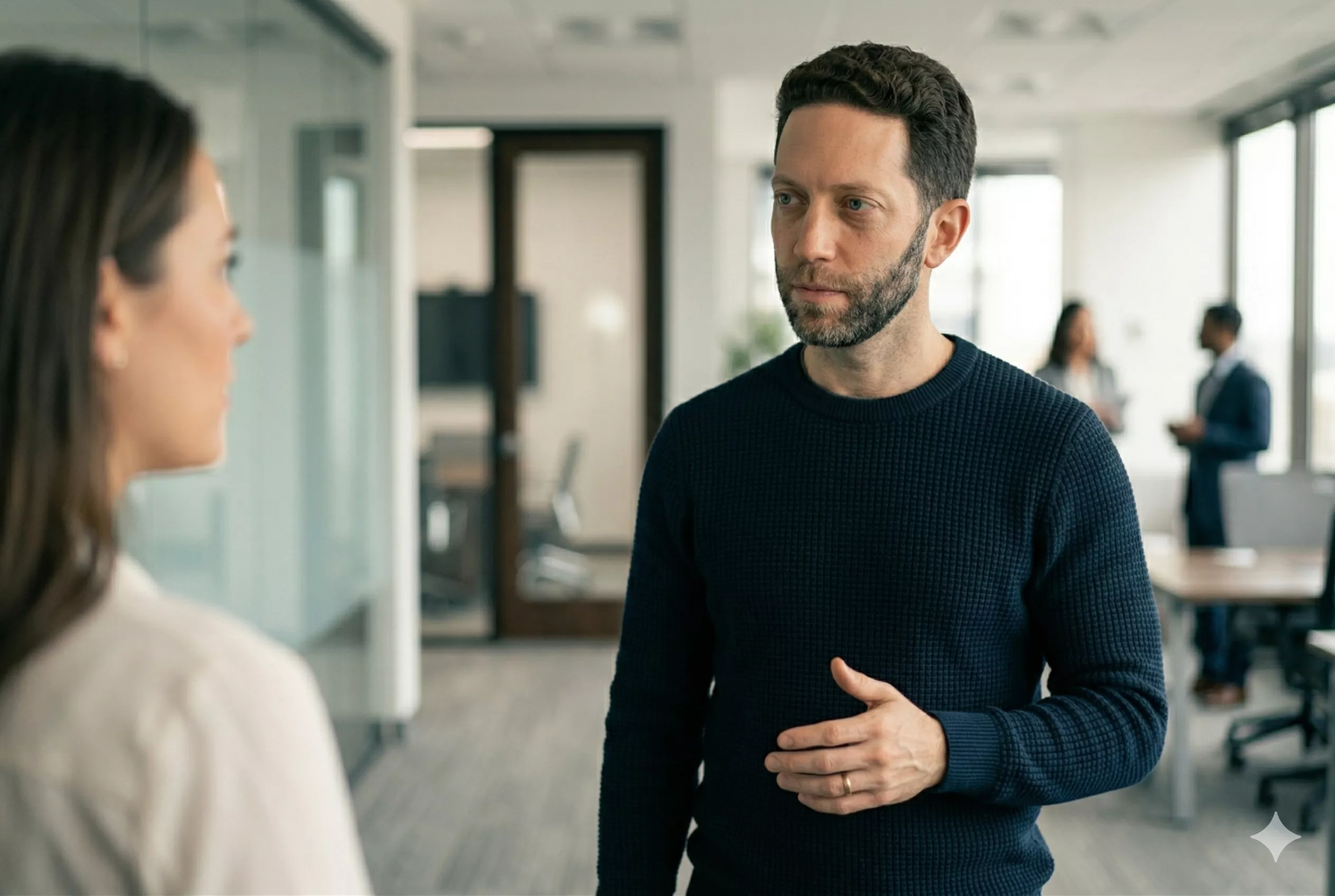 A professional in an office setting — responding calmly and assertively