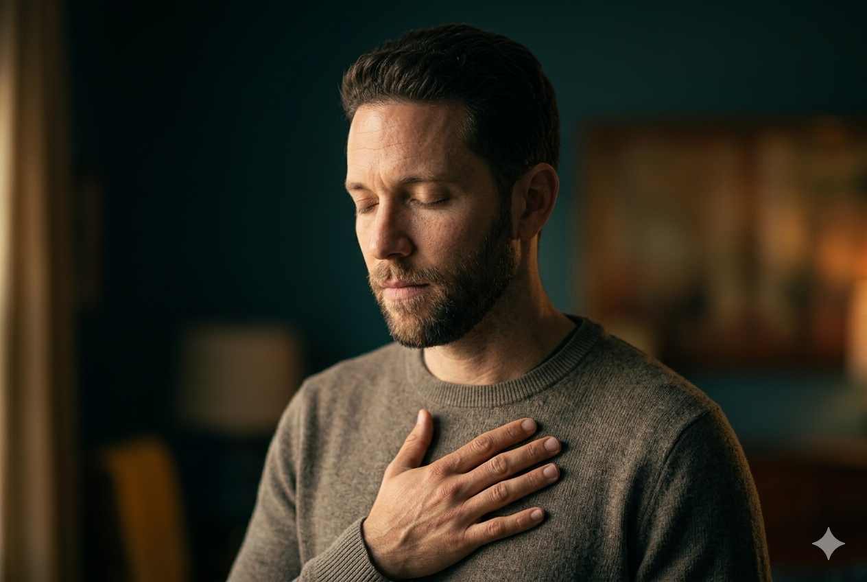 A person placing a hand on their chest — a deliberate pause in the moment