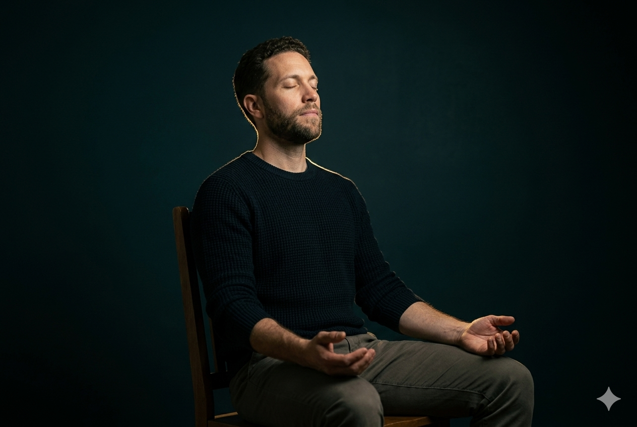 Person seated, eyes closed, hand on chest — deliberate slow breathing