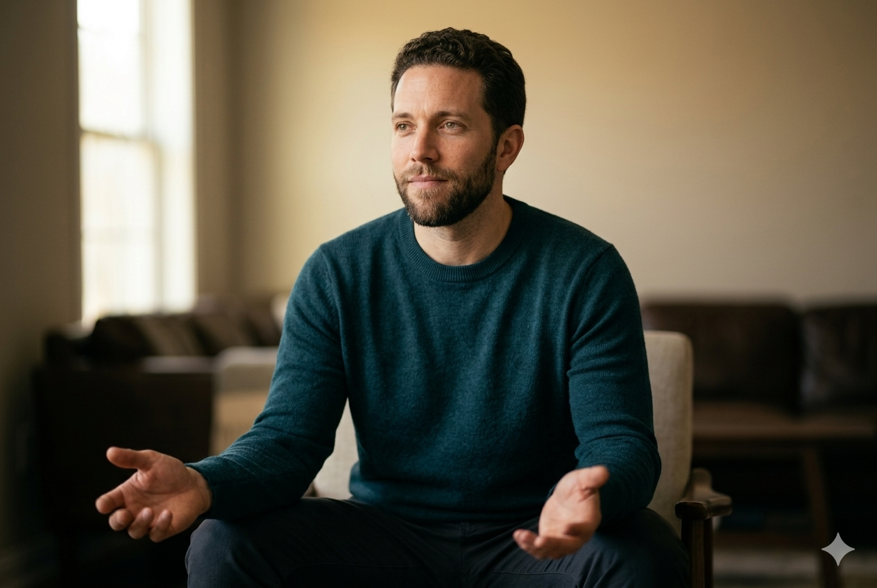 Person seated with visibly relaxed shoulders and open hands — after PMR