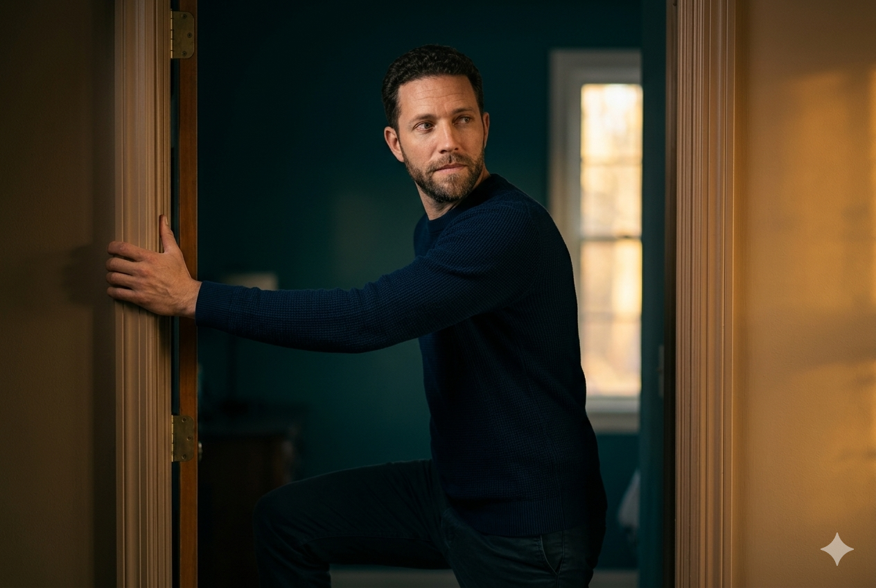 Person walking calmly through a doorway — a deliberate time-out exit